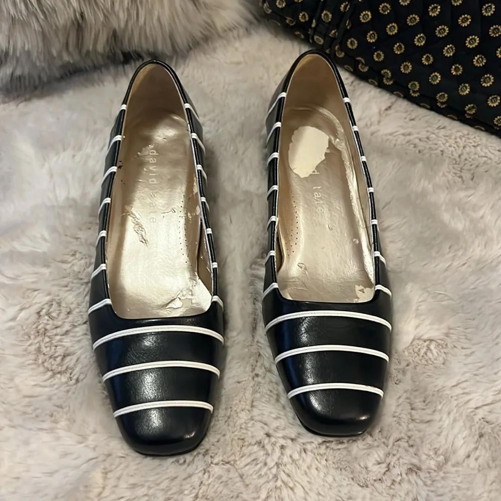 David Tate Womens Black and White Striped Leather Slip On Pumps Heels Sz 6.5W